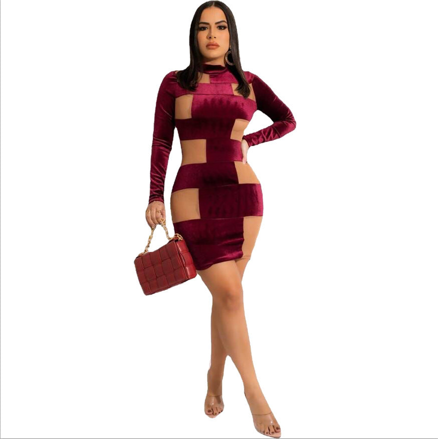 Ladies Female Slim Fit Korean Velvet Patchwork Mesh Dress