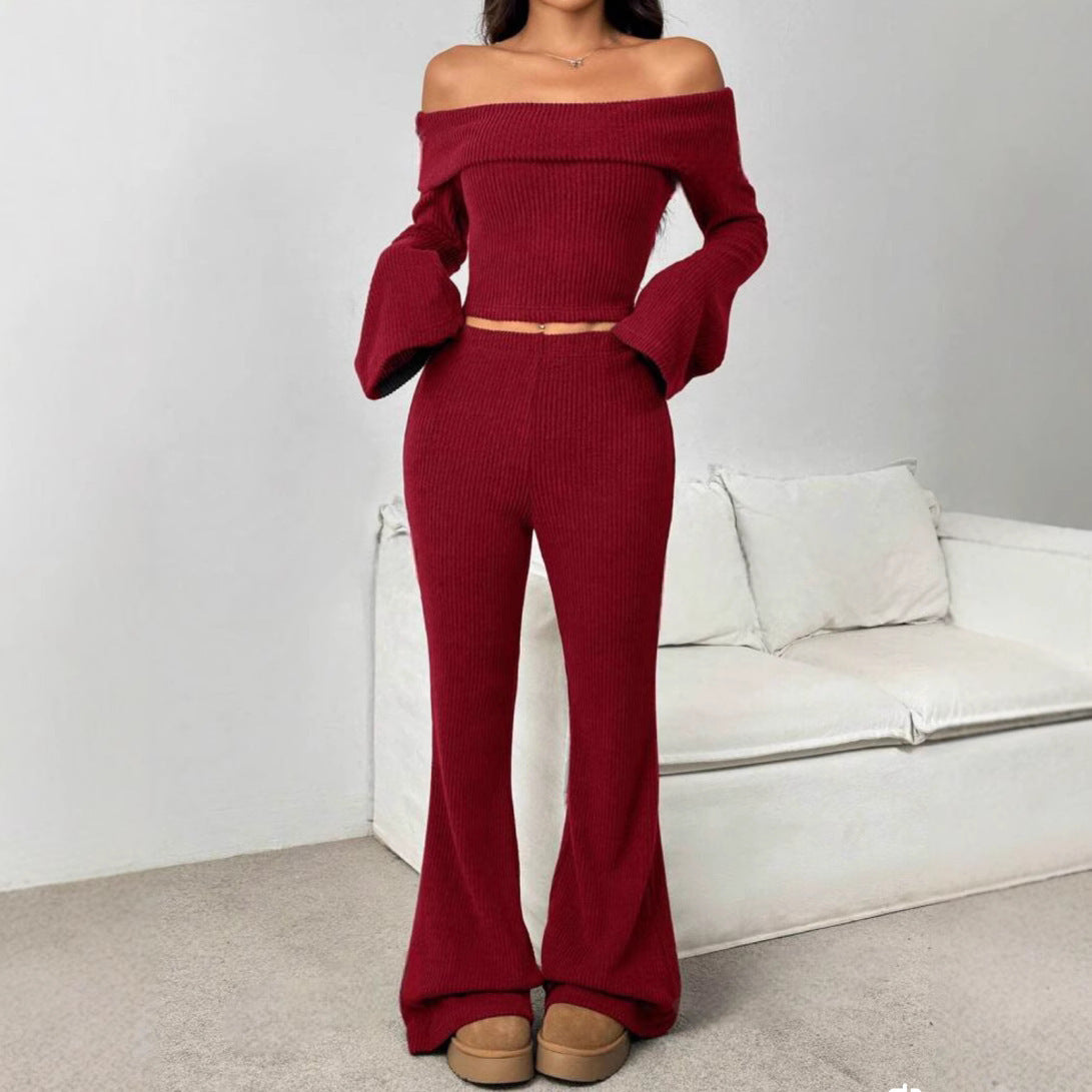 Ladies 2 Piece Off-neck Skinny Long-sleeved Trousers Knitting Suit