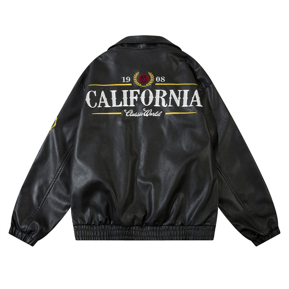 Men's American Embroidery Letters Motorcycle Leather Jacket Coat