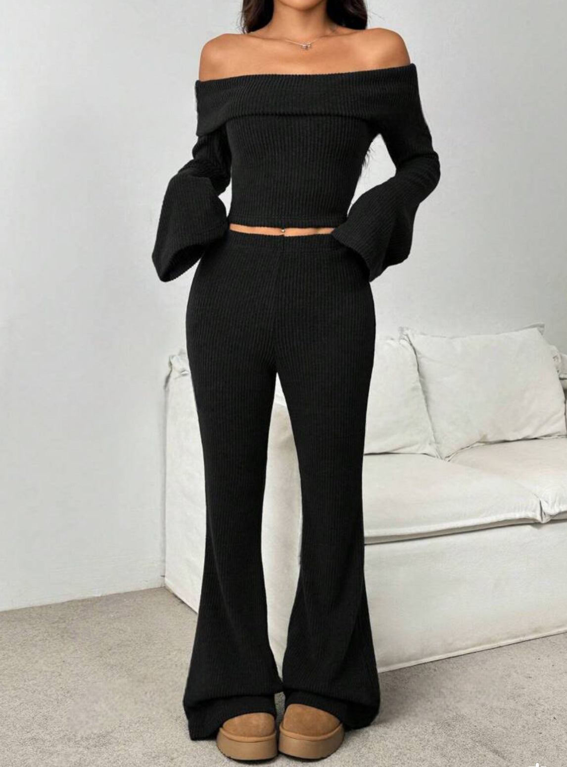 Ladies 2 Piece Off-neck Skinny Long-sleeved Trousers Knitting Suit