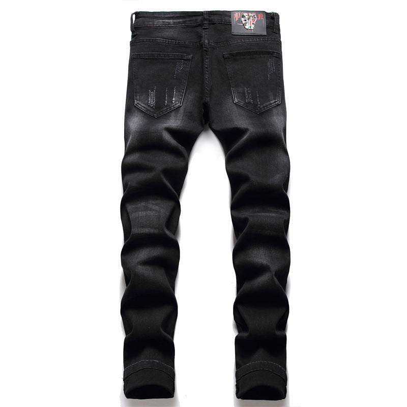 Men’s Designer Black Slim-fit Skull Ripped High Street Jeans