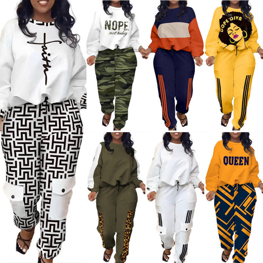 Women's Casual 2 piece Pullover Hoodie & Printed Trousers Suits