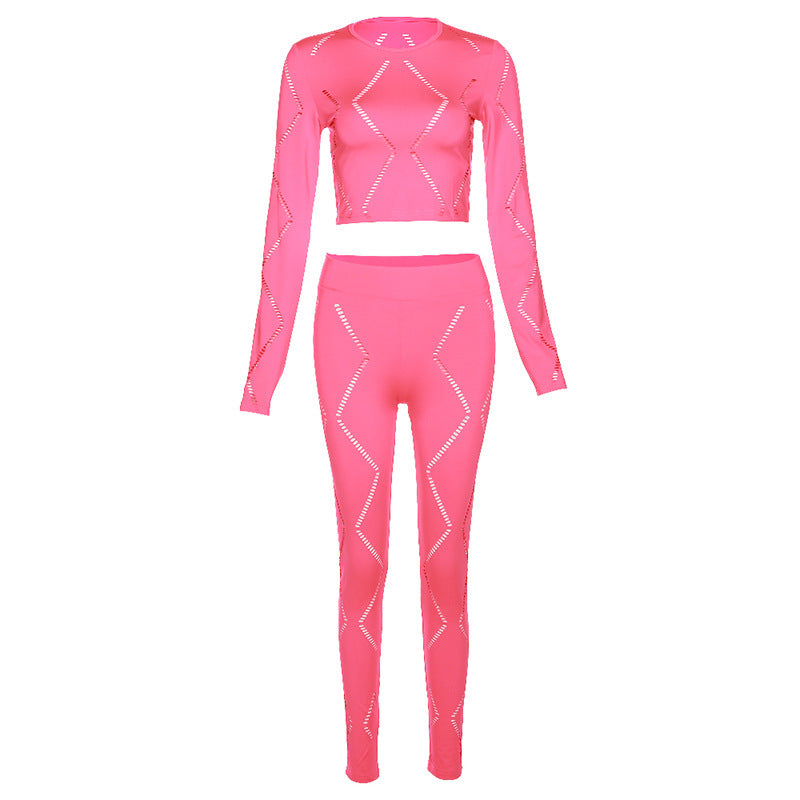 Women's 2 Piece Hollow-out Ripped High Waist Tight Pants Casual Sports Suit