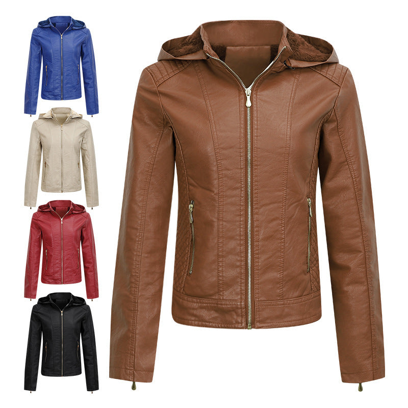 Women's Clothing Fleece-lined Thickened Leather Coat Hooded