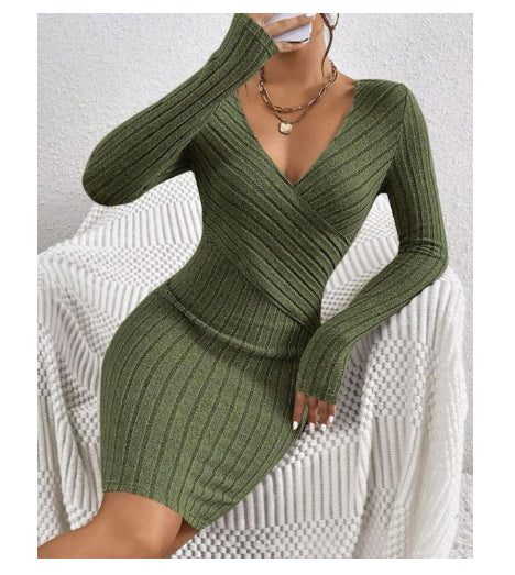 Ladies V-neck Slim-fit Slimming Sheath Long Sleeve Dress