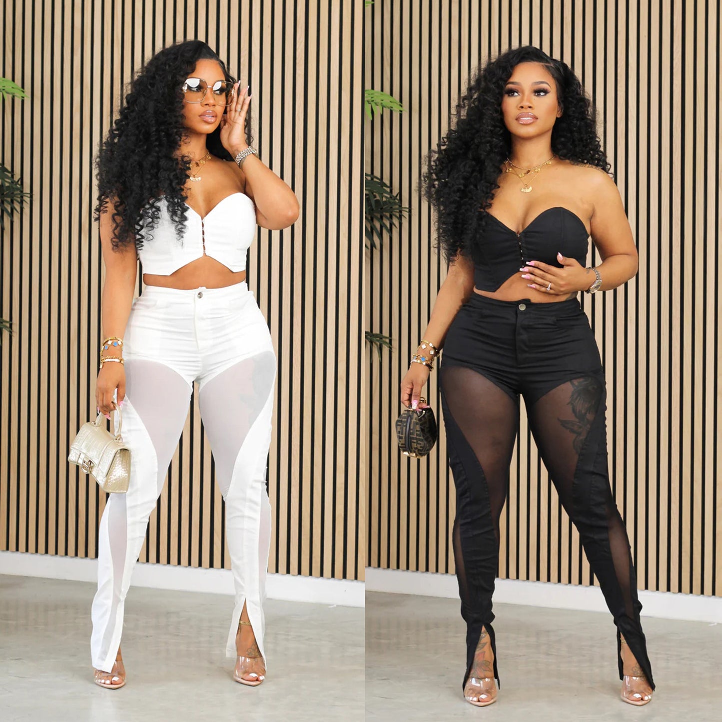 Ladies Tube Top Mesh Midriff Outfit Two-piece Trousers