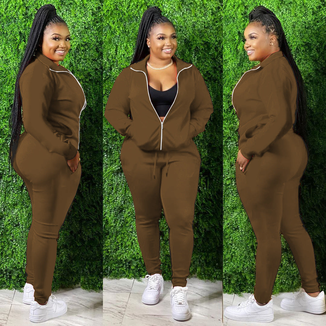 Ladies Solid Color Zipper Pocket Long Sleeve Coat Trousers Sports Two-piece Set