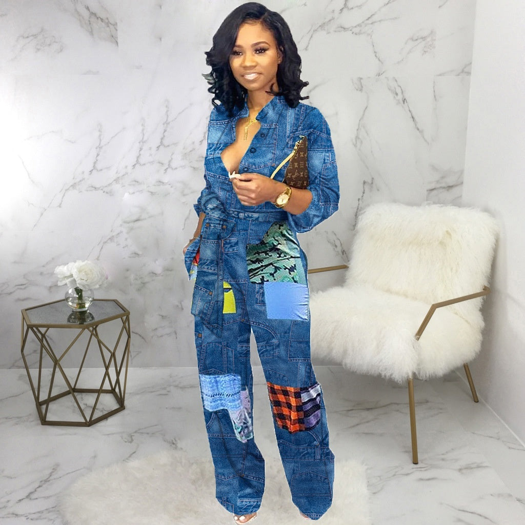 Ladies Designer European And American Fashion Denim Jumpsuit