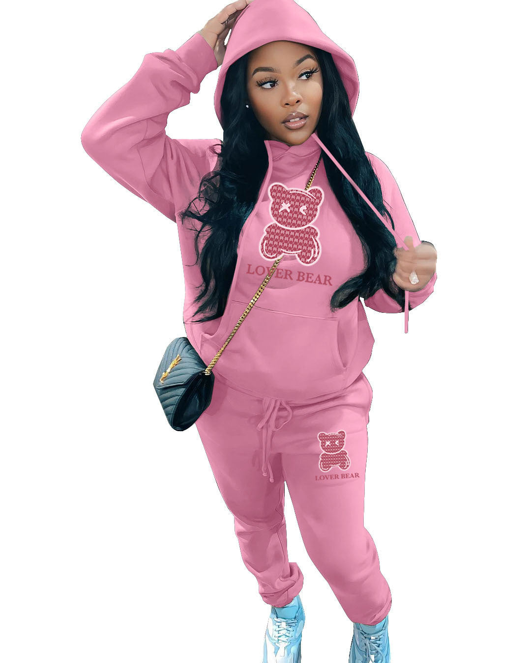 Ladies Designer “Lover Bear” 2 Piece Suit Hooded Sweatshirt And Sweatpants Sets. All Colors & Sizes