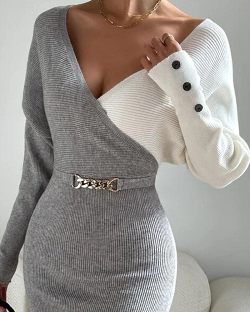 Long Sleeve V-neck Mid-length Dress