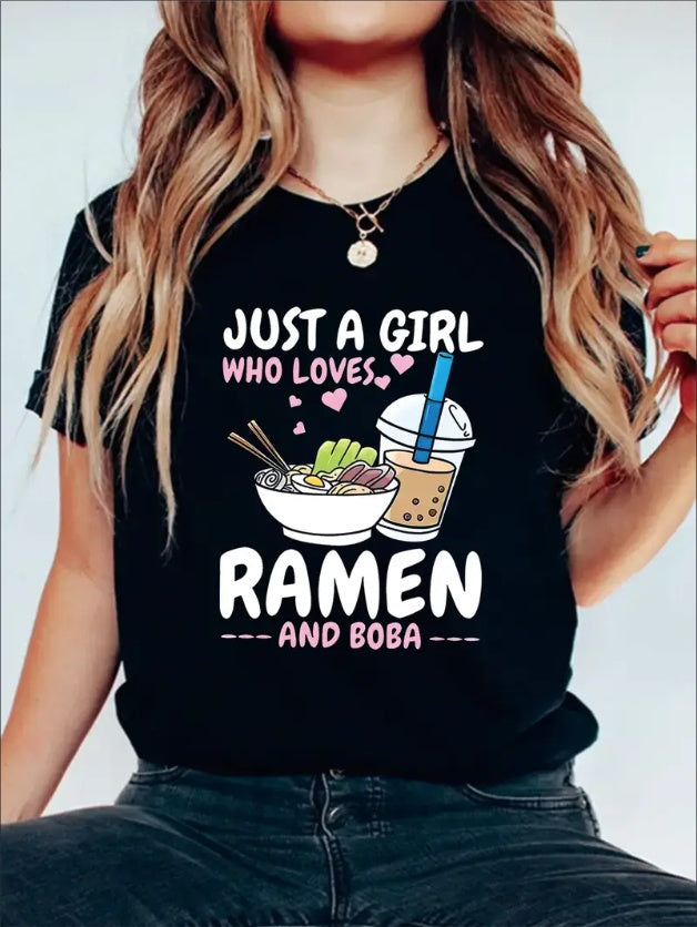 Girls / Ladies / Teens “Just A Girl Who Loves Ramen” New Graphic Print Solid T-Shirt $18.00