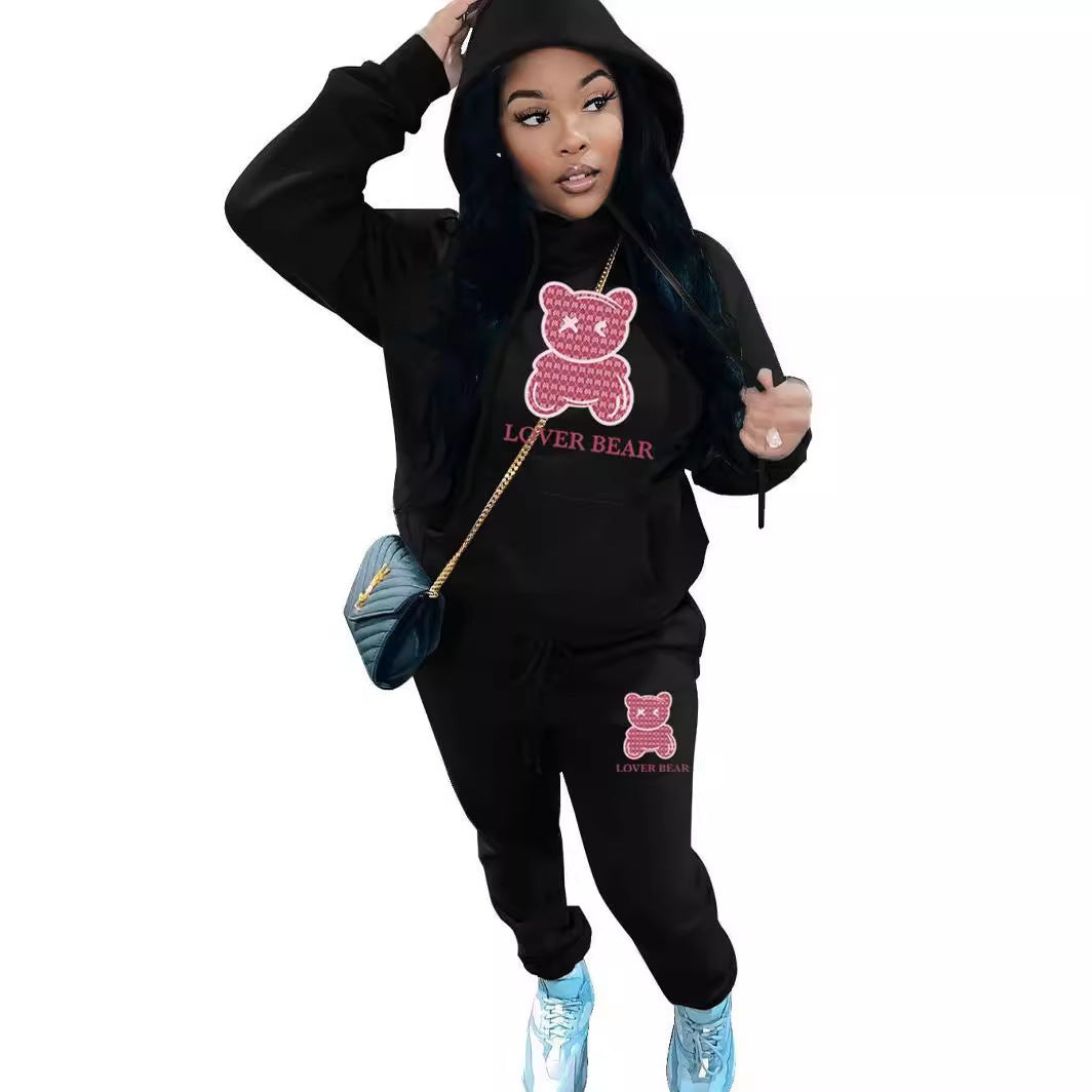 Ladies Designer “Lover Bear” 2 Piece Suit Hooded Sweatshirt And Sweatpants Sets. All Colors & Sizes