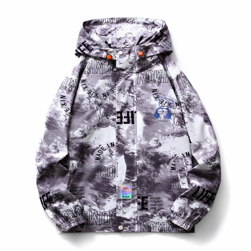 Men's Fall Winter Hooded Splash-ink Bear Printed Coat