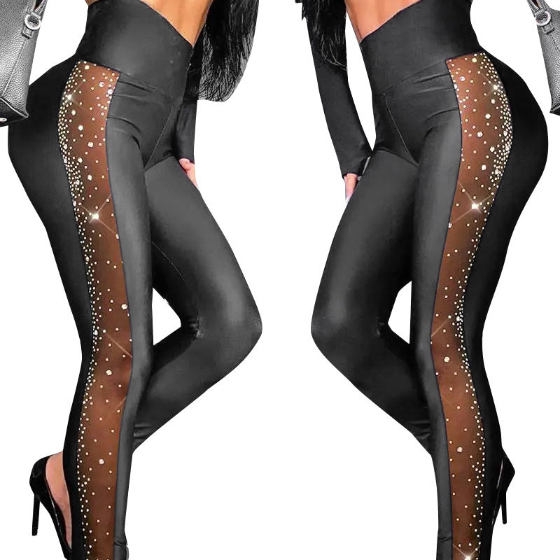 Ladies Rhinestone Mesh Stitching Tight Casual Trousers