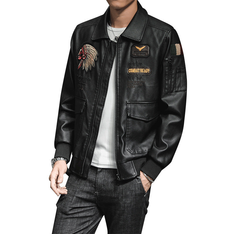 Men's Leather Jacket Men's Lapel Embroidery Motorcycle Jacket