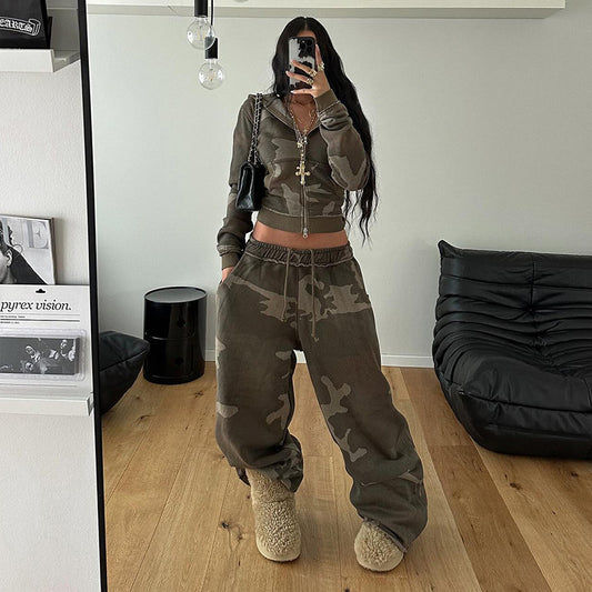 Ladies Camouflage Contrast Color Hooded Zipper Sweatshirt Loose Large Design Sweatpants Casual Two-piece Suit