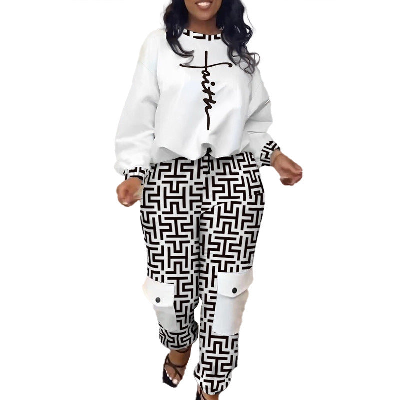 Women's Casual 2 piece Pullover Hoodie & Printed Trousers Suits