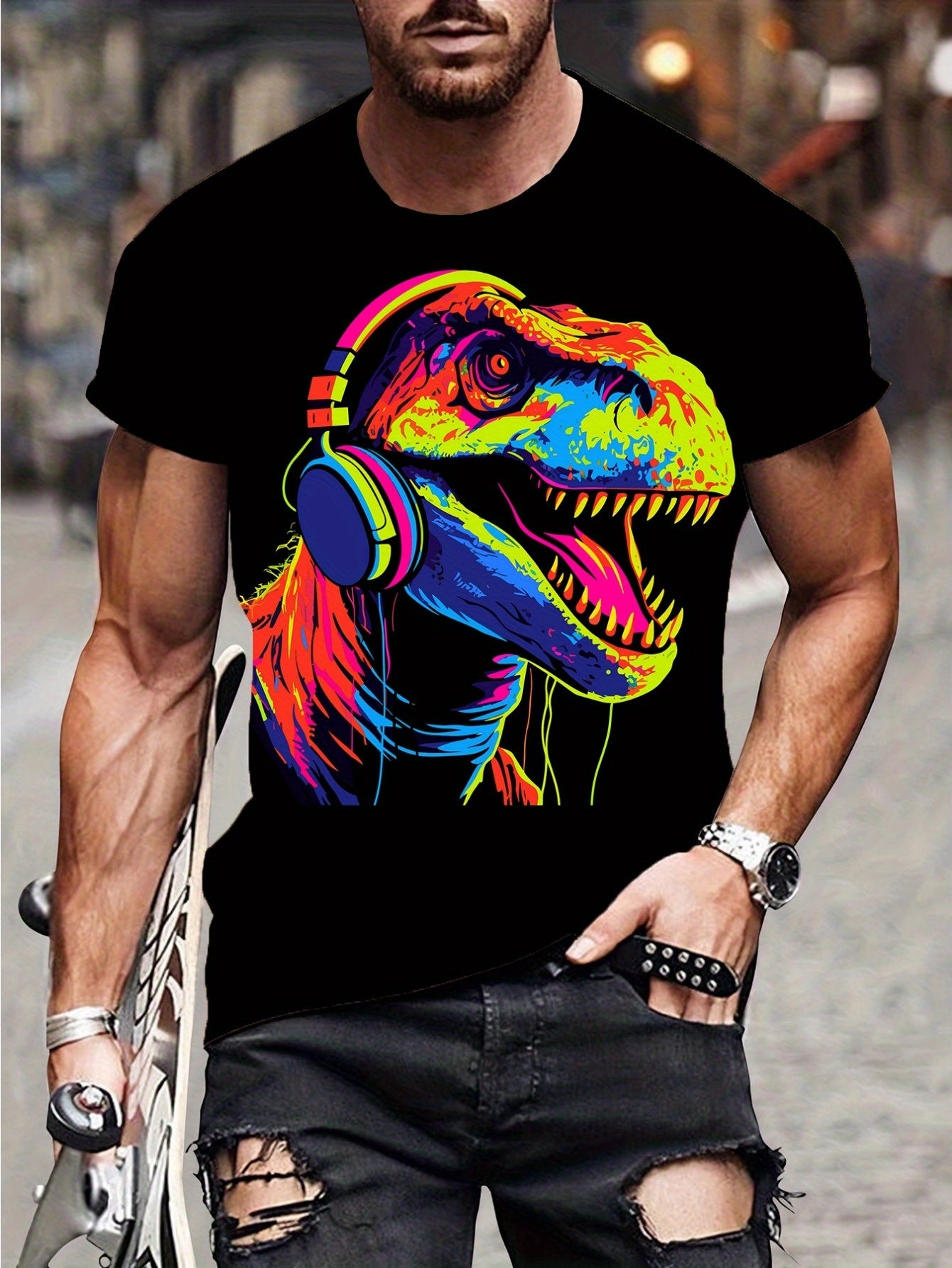 Cartoon Dinosaur Print T-shirt, Summer Men's Casual Street Style Elastic Round Neck T-shirt