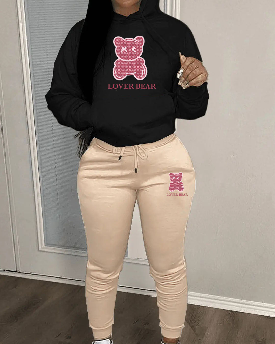 Ladies Designer “Lover Bear” 2 Piece Suit Hooded Sweatshirt And Sweatpants Sets. All Colors & Sizes