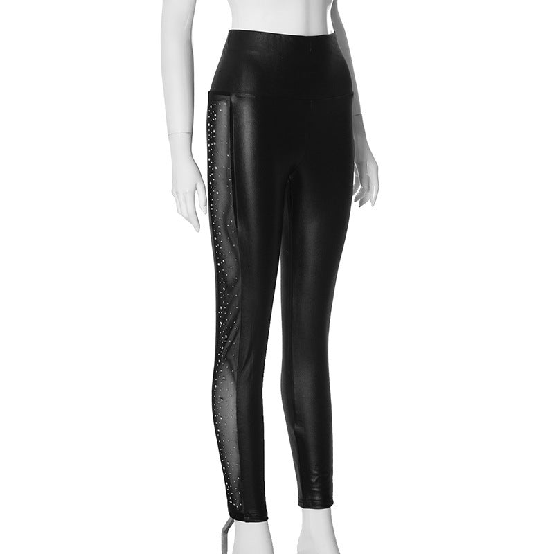 Ladies Rhinestone Mesh Stitching Tight Casual Trousers