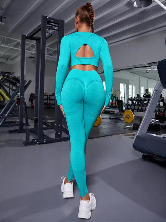 Ladies 2pcs Sports Suits Long Sleeve Hollow Design Tops And Butt Lifting High Waist Seamless Fitness Leggings Sports Gym Sportswear Outfits Clothing