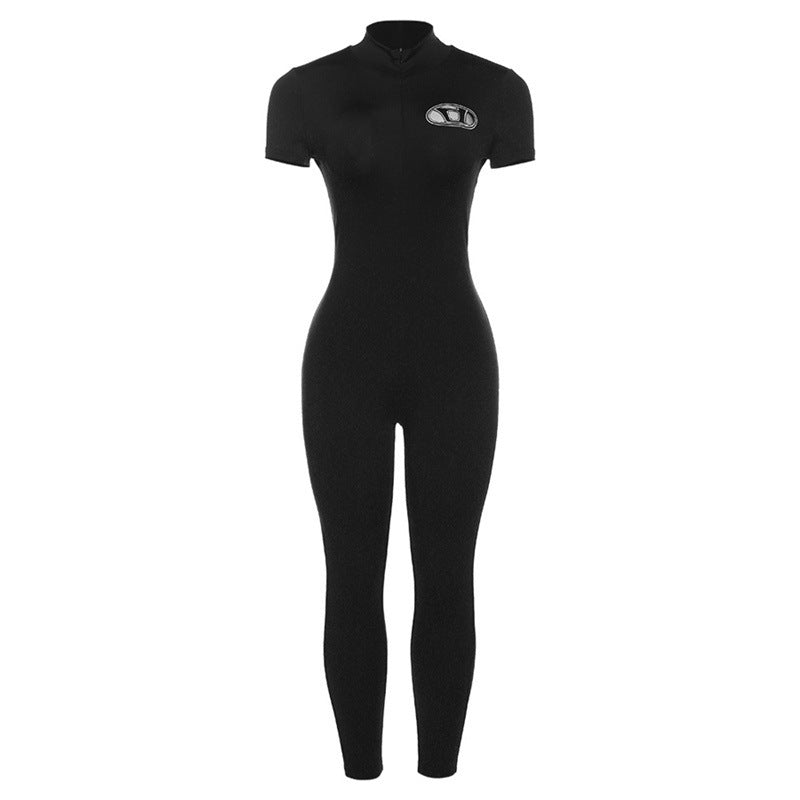 Ladies Embroidered High Waist Tight Sports Fitness Jumpsuit