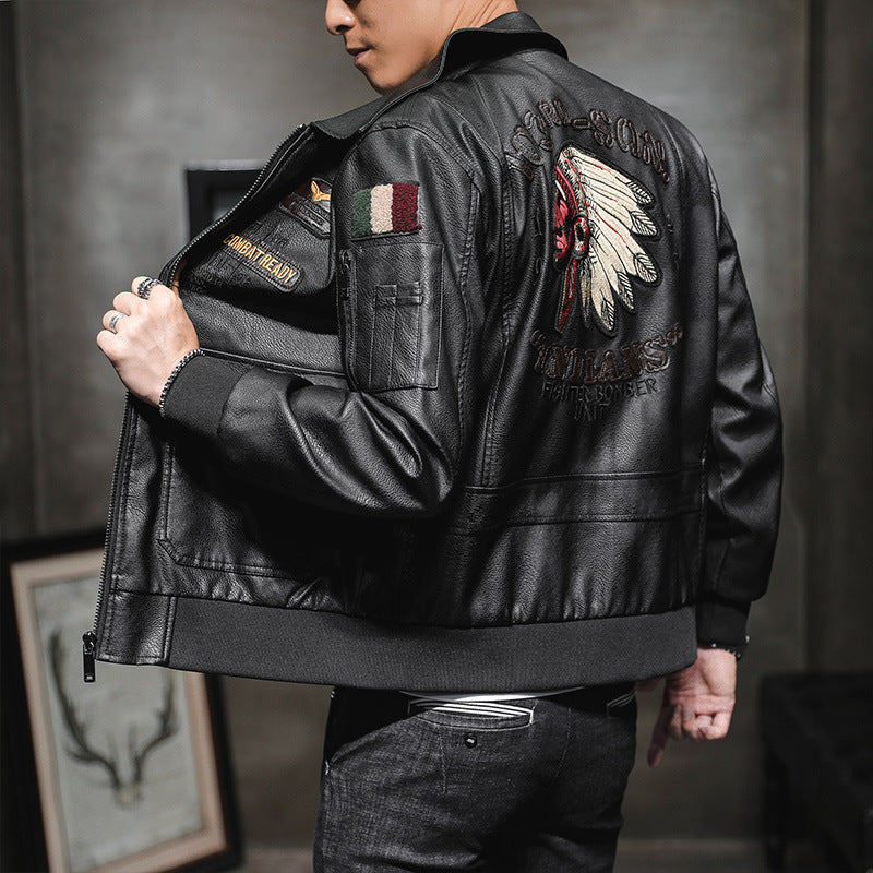 Men's Leather Jacket Men's Lapel Embroidery Motorcycle Jacket